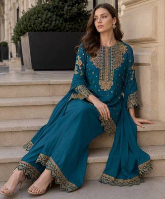 Teal blue georgette suit with embroidery & sequin work 2