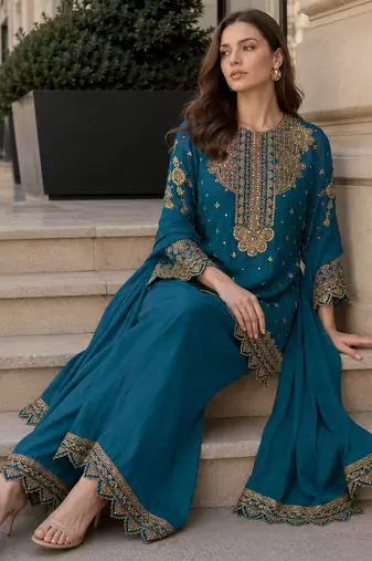 Teal blue georgette suit with embroidery & sequin work