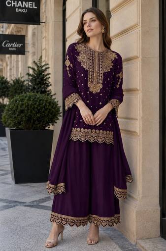 Purple georgette suit with embroidery & sequin work