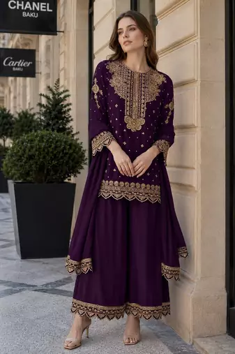 Purple georgette suit with embroidery & sequin work