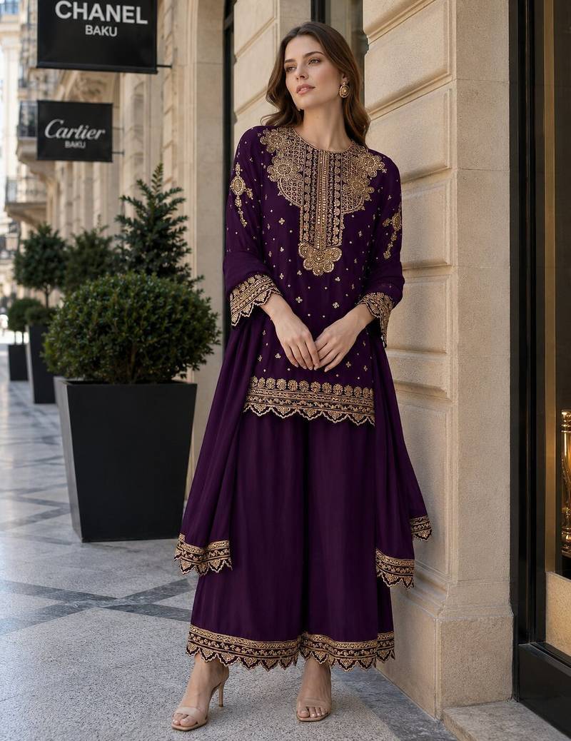 Purple georgette suit with embroidery & sequin work