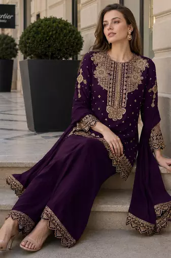Purple georgette suit with embroidery & sequin work