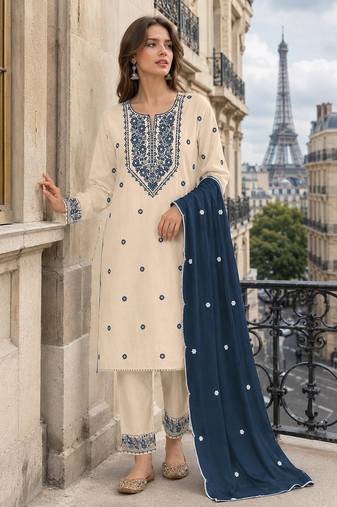 White navy khadi cotton suit with embroidery & patch work