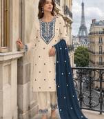 White navy khadi cotton suit with embroidery & patch work