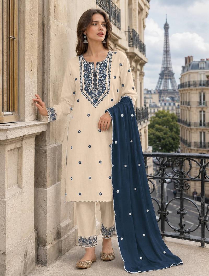 White navy khadi cotton suit with embroidery & patch work