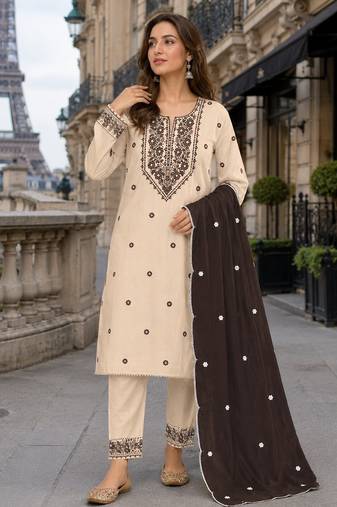 White d purple khadi cotton suit with embroidery & patch work
