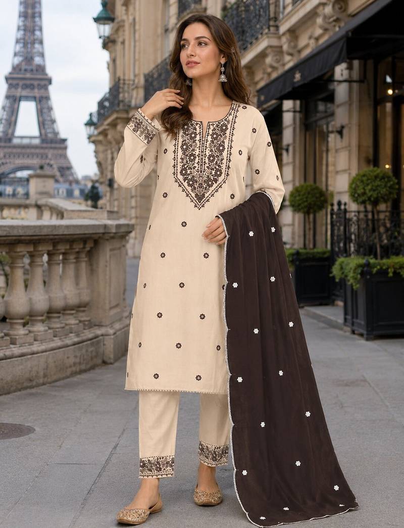 White d purple khadi cotton suit with embroidery & patch work