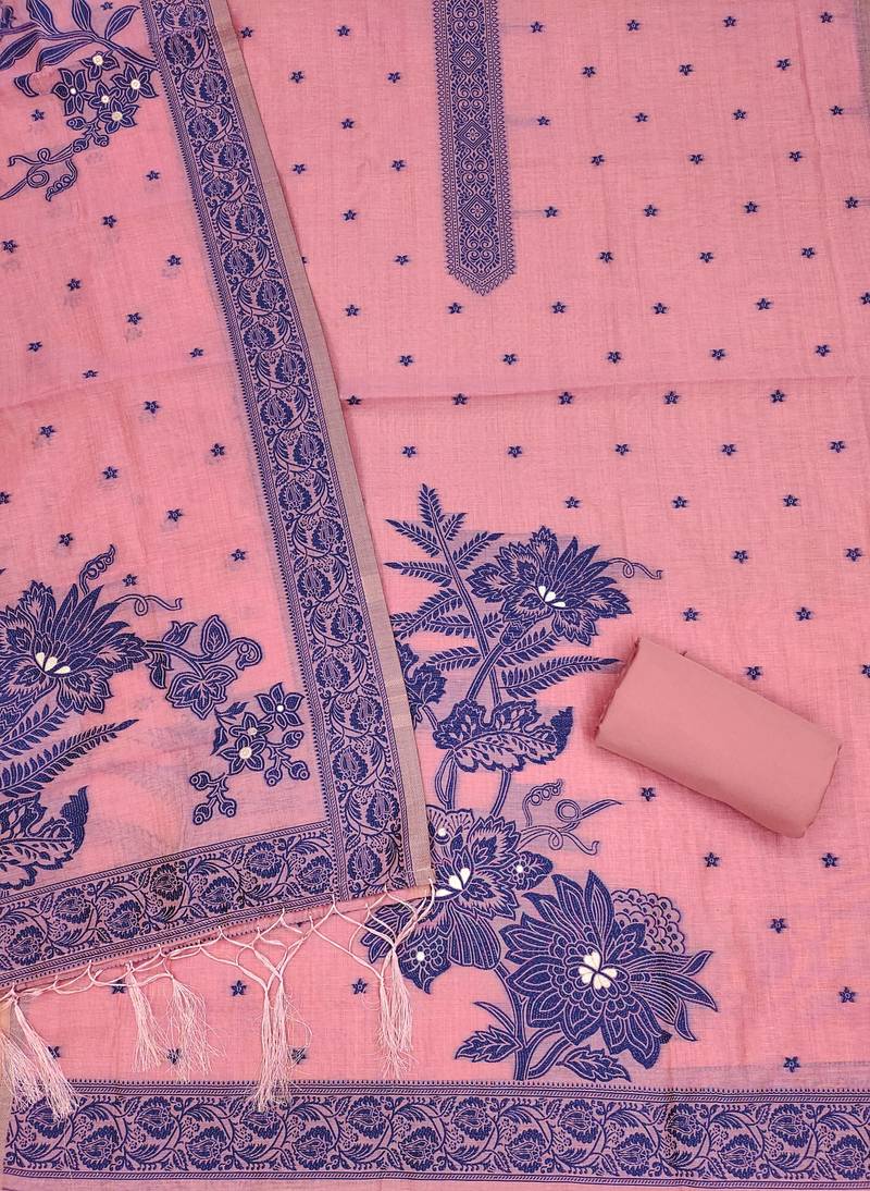 Pink jamdani silk blend dress material