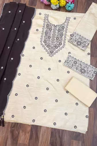 White d purple khadi cotton suit with embroidery & patch work