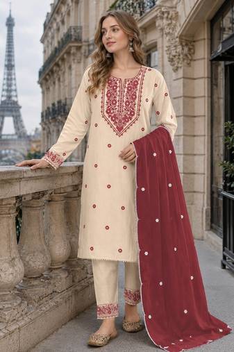 White maroon khadi cotton suit with embroidery & patch work