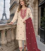 White maroon khadi cotton suit with embroidery & patch work
