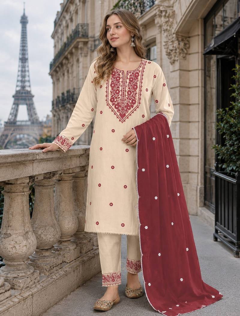 White maroon khadi cotton suit with embroidery & patch work