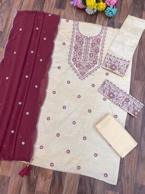 White maroon khadi cotton suit with embroidery & patch work 2