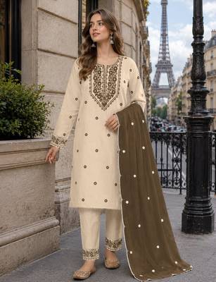 White mehendi khadi cotton suit with embroidery & patch work 1