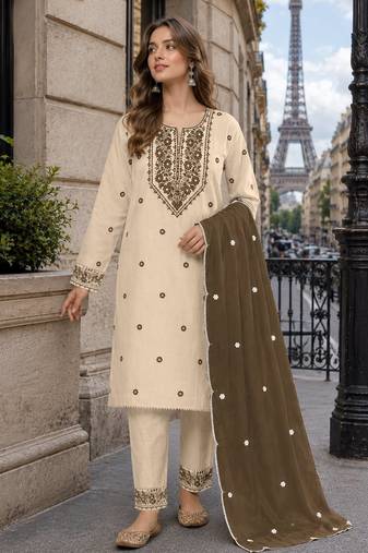 White mehendi khadi cotton suit with embroidery & patch work