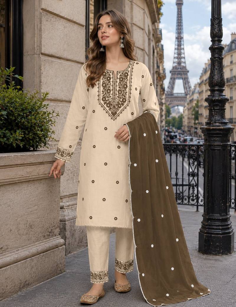 White mehendi khadi cotton suit with embroidery & patch work