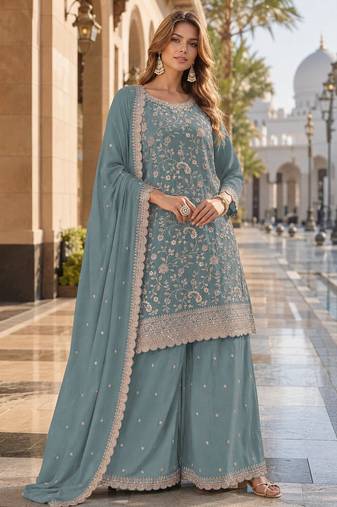 Blue vichitra silk blend suit with embroidery & sequin work