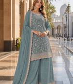 Blue vichitra silk blend suit with embroidery & sequin work