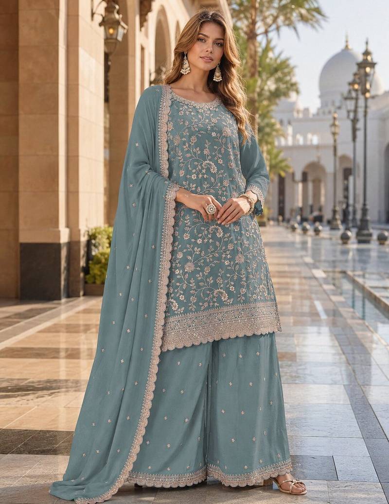 Blue vichitra silk blend suit with embroidery & sequin work