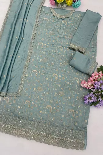 Blue vichitra silk blend suit with embroidery & sequin work