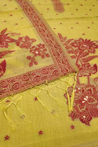 Yellow jamdani silk blend dress material