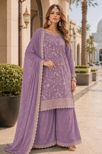 Lavender vichitra silk blend suit with embroidery & sequin work