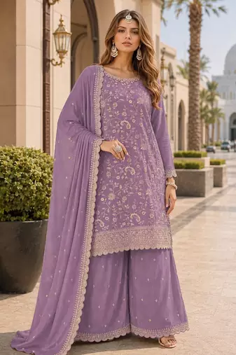 Lavender vichitra silk blend suit with embroidery & sequin work