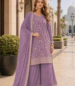 Lavender vichitra silk blend suit with embroidery & sequin work