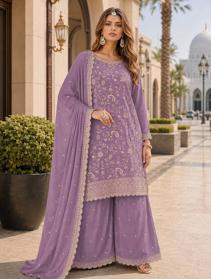 Lavender vichitra silk blend suit with embroidery & sequin work