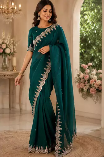 teal green embroidered party wear shimmer chiffon saree with silver scalloped border for women