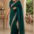 teal green embroidered party wear shimmer chiffon saree with silver scalloped border for women