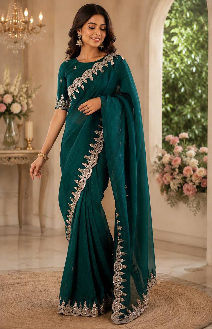 teal green embroidered party wear shimmer chiffon saree with silver scalloped border for women