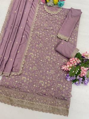 Lavender vichitra silk blend suit with embroidery & sequin work 2