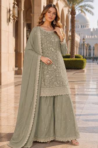 Green vichitra silk blend suit with embroidery & sequin work