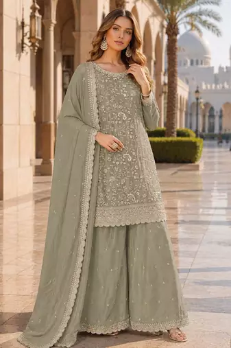 Green vichitra silk blend suit with embroidery & sequin work