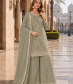 Green vichitra silk blend suit with embroidery & sequin work