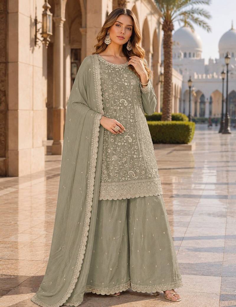 Green vichitra silk blend suit with embroidery & sequin work