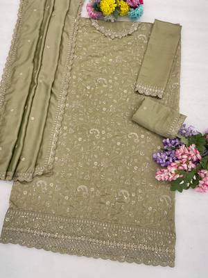 Green vichitra silk blend suit with embroidery & sequin work 2