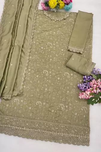 Green vichitra silk blend suit with embroidery & sequin work