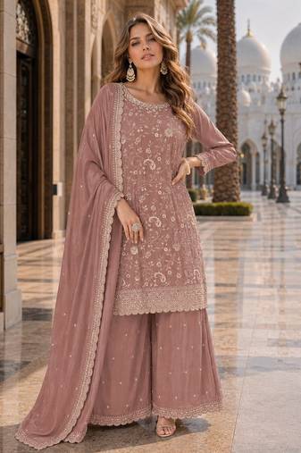 Peach vichitra silk blend suit with embroidery & sequin work