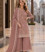 Peach vichitra silk blend suit with embroidery & sequin work