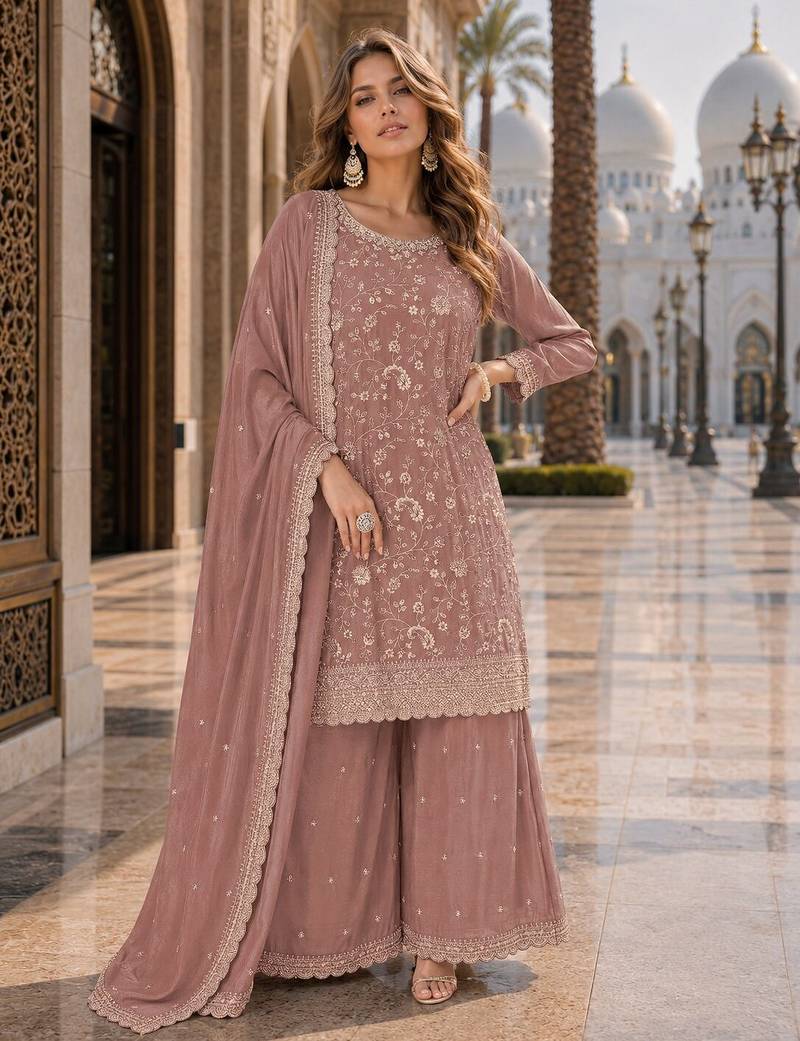 Peach vichitra silk blend suit with embroidery & sequin work