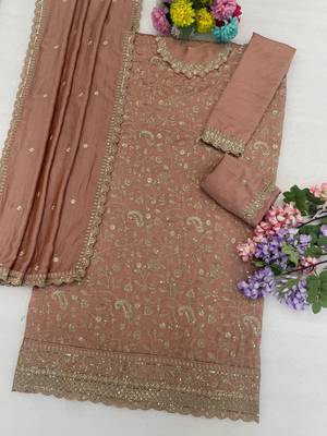 Peach vichitra silk blend suit with embroidery & sequin work 2