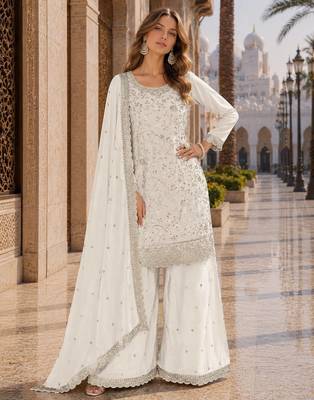 White vichitra silk blend suit with embroidery & sequin work 1