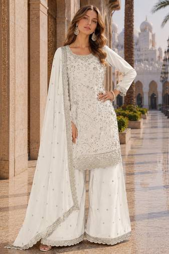 White vichitra silk blend suit with embroidery & sequin work
