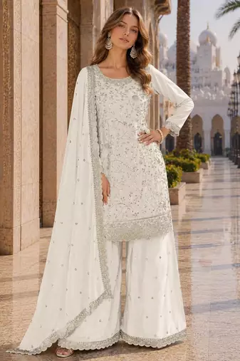 White vichitra silk blend suit with embroidery & sequin work