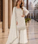 White vichitra silk blend suit with embroidery & sequin work