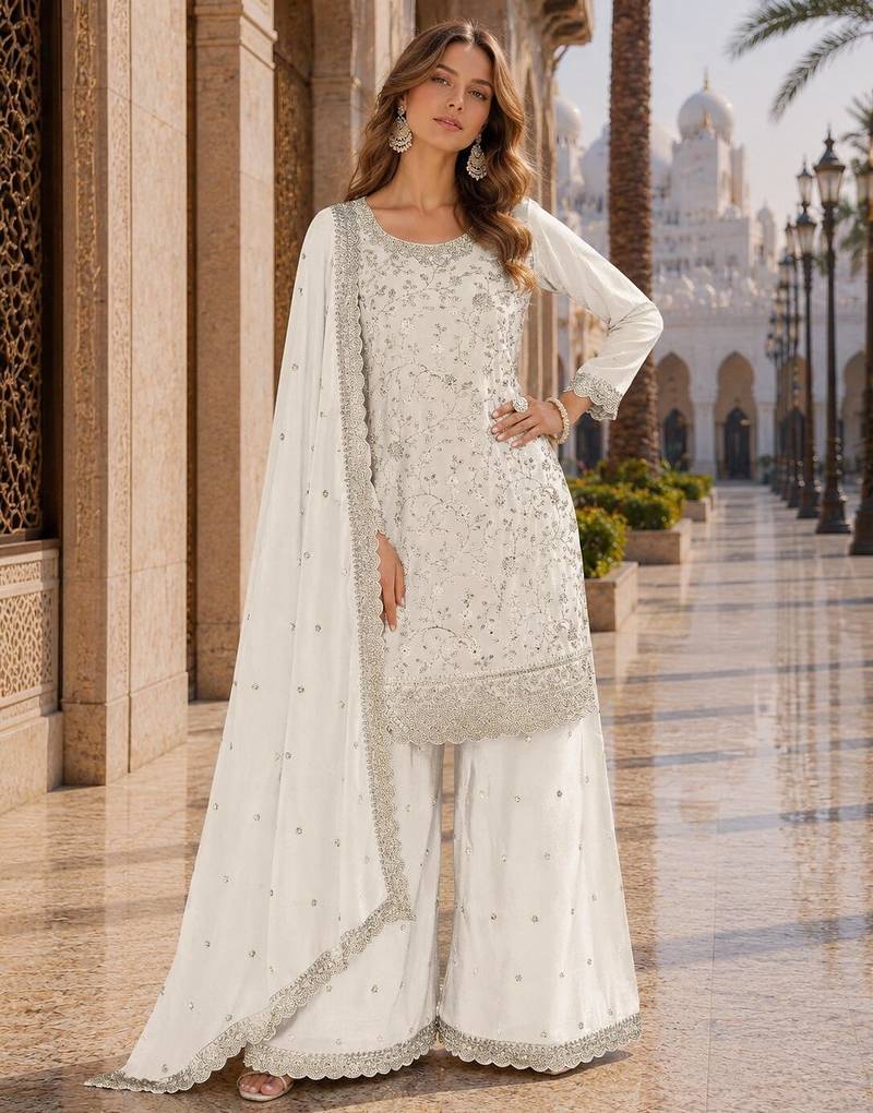 White vichitra silk blend suit with embroidery & sequin work