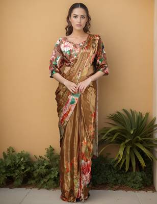 Brown color one minute saree with pocket and ready to wear blouse 1