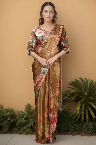 Brown color one minute saree with pocket and ready to wear blouse